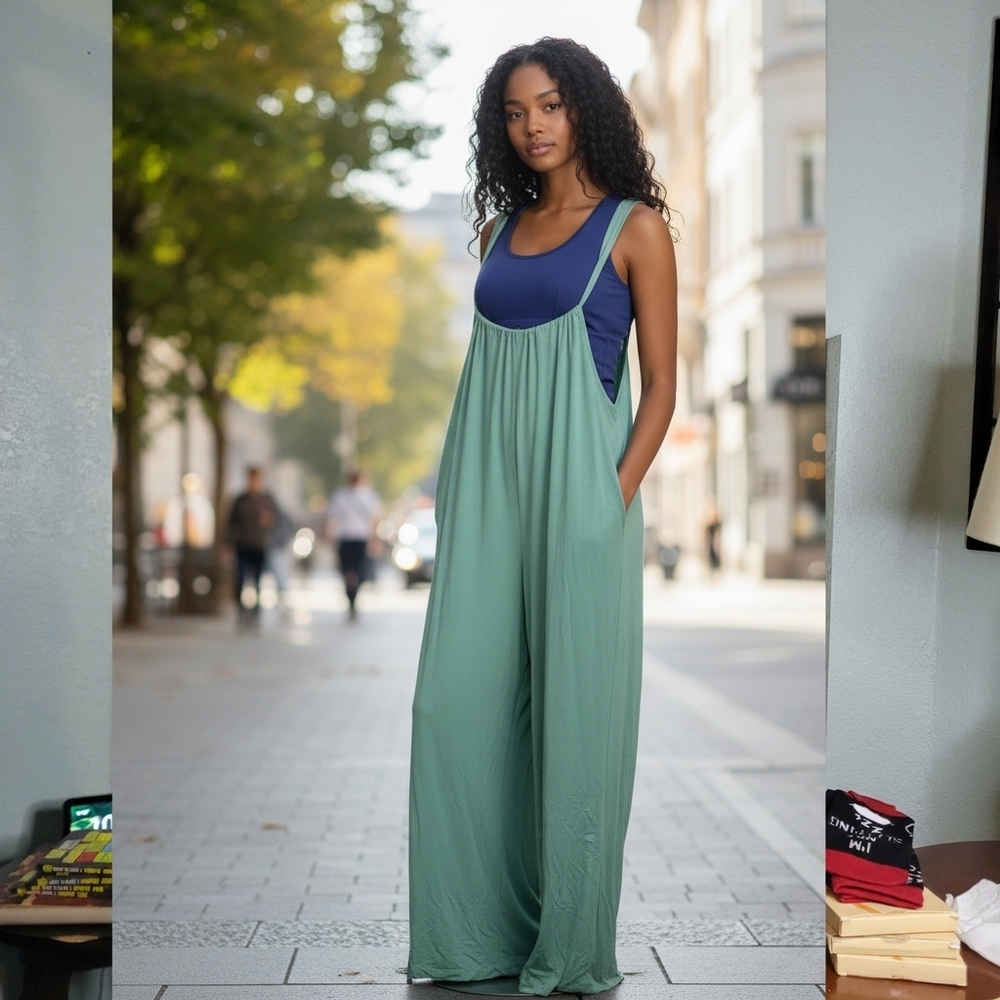 Womens Wide Leg Baggy Suspender Jumpsuit with Pockets & Adjustable Straps - NWT - Picture 3 of 4